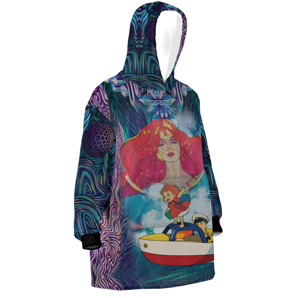 Custom Personalized Block Faces Pattern Ponyo On The Cliff Snug Oversized Wearable Hoodie Blanket