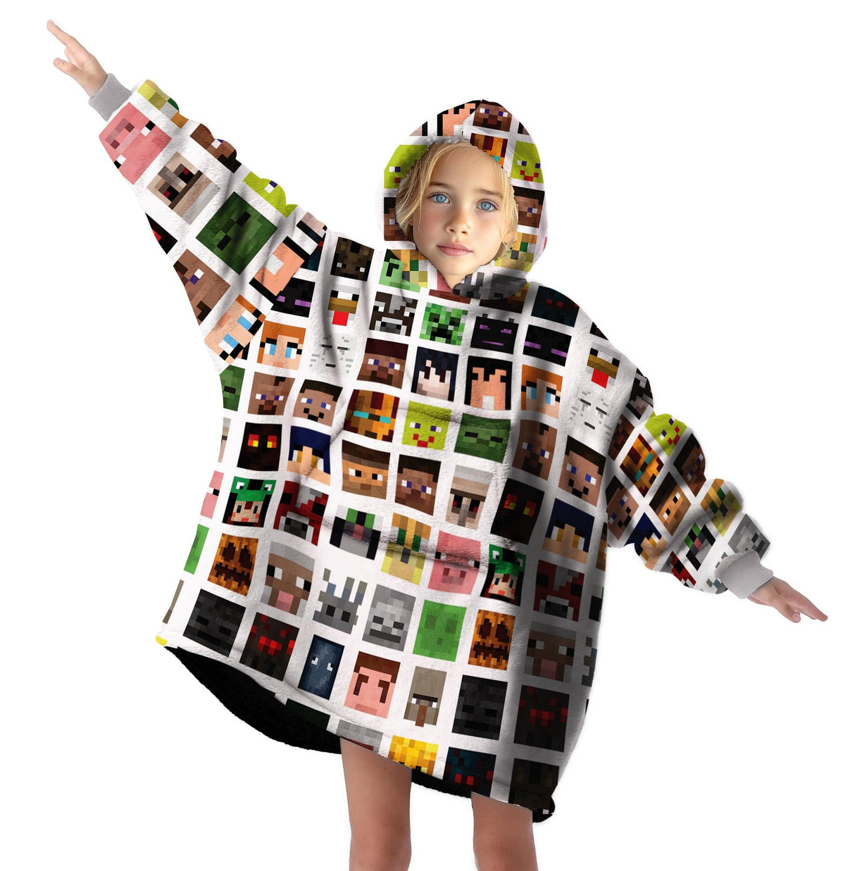 Custom Personalized Block Faces Pattern 3D Blocked Base Game Snug Oversized Wearable Hoodie Blanket