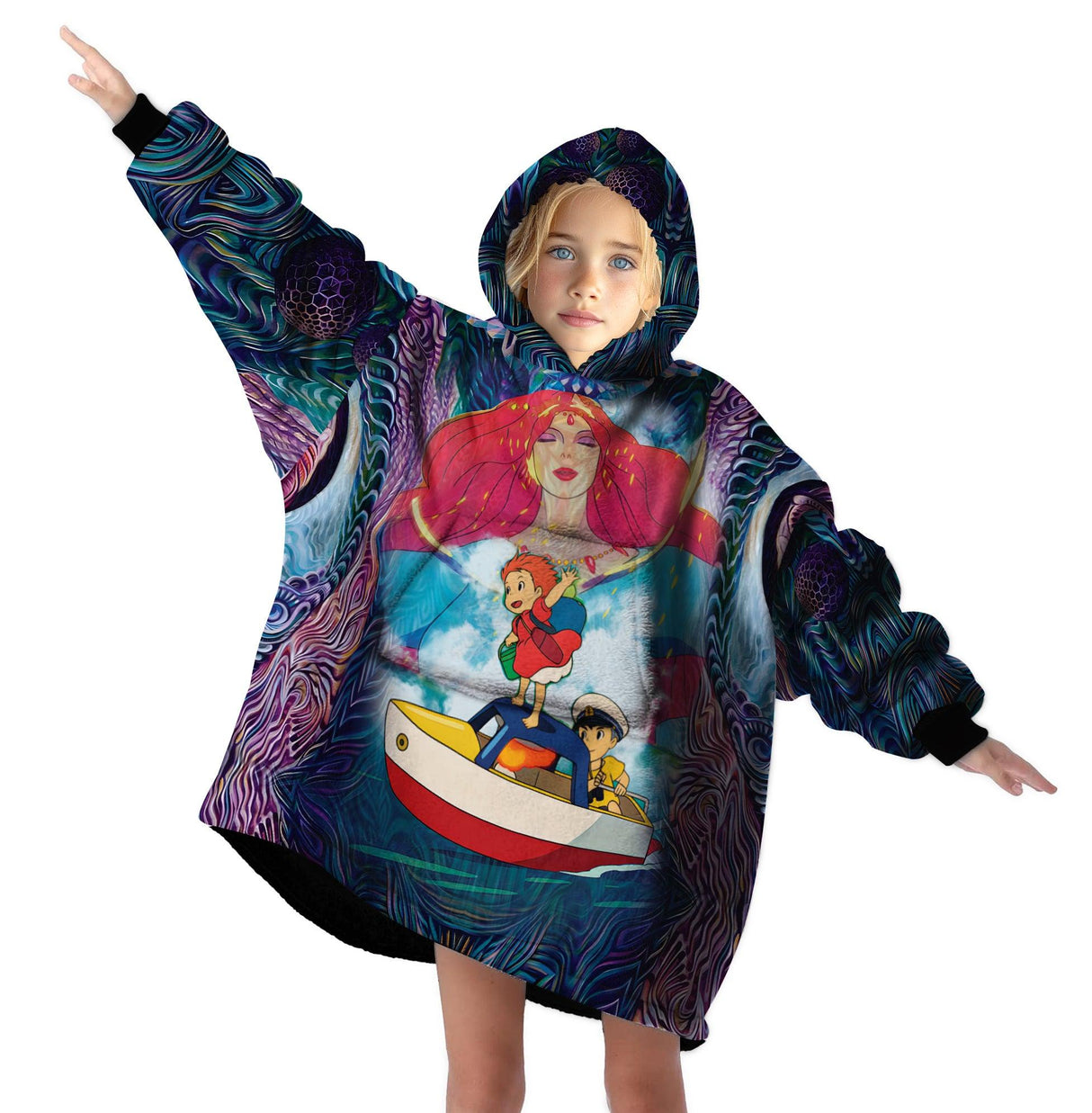 Custom Personalized Block Faces Pattern Ponyo On The Cliff Snug Oversized Wearable Hoodie Blanket