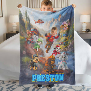 Personalized Face & Name Rescue Dogs Adventure Crew Boy Fall Winter Scene Blanket