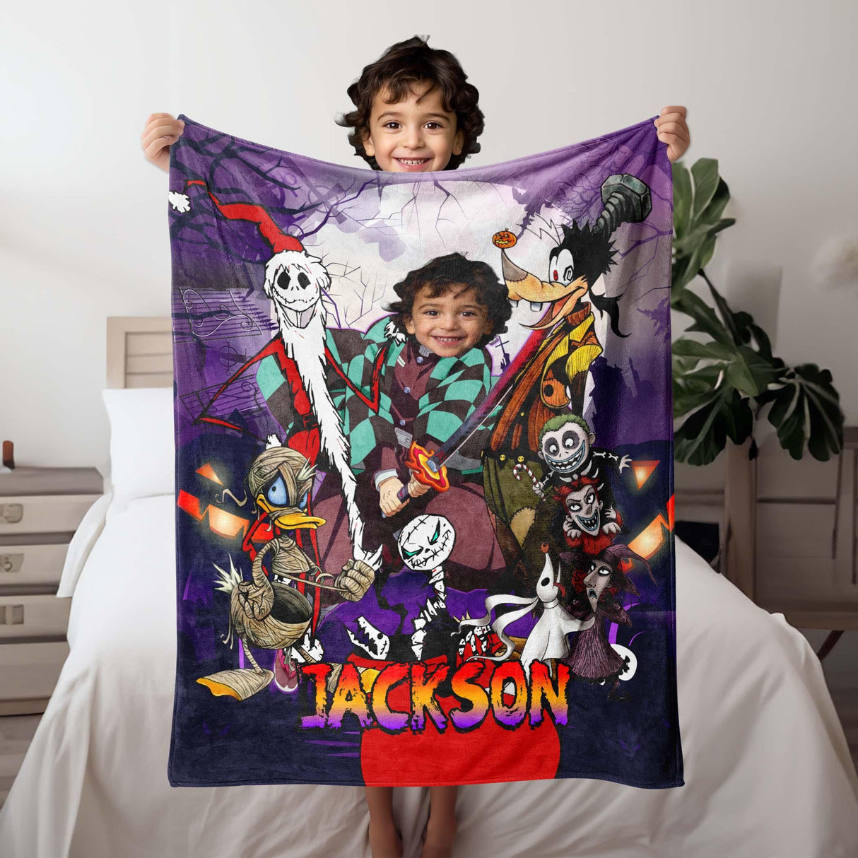 Personalized Anime Tanjiro Demon Halloween Blanket | Custom Halloween Blanket For Boys