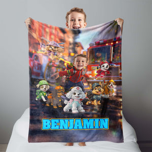 Personalized Face & Name Rescue Dogs Hero Squad Firefighter Boy Blanket