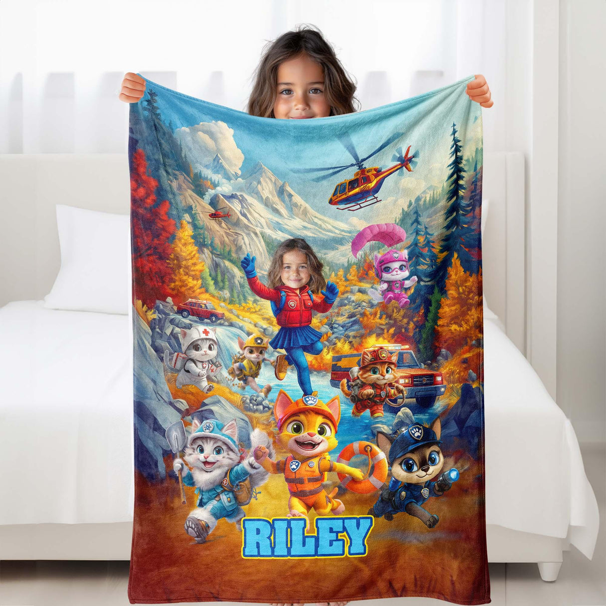 Personalized Face & Name Purr Patrol Kitty Cat Rescue Adventure Girl Blanket