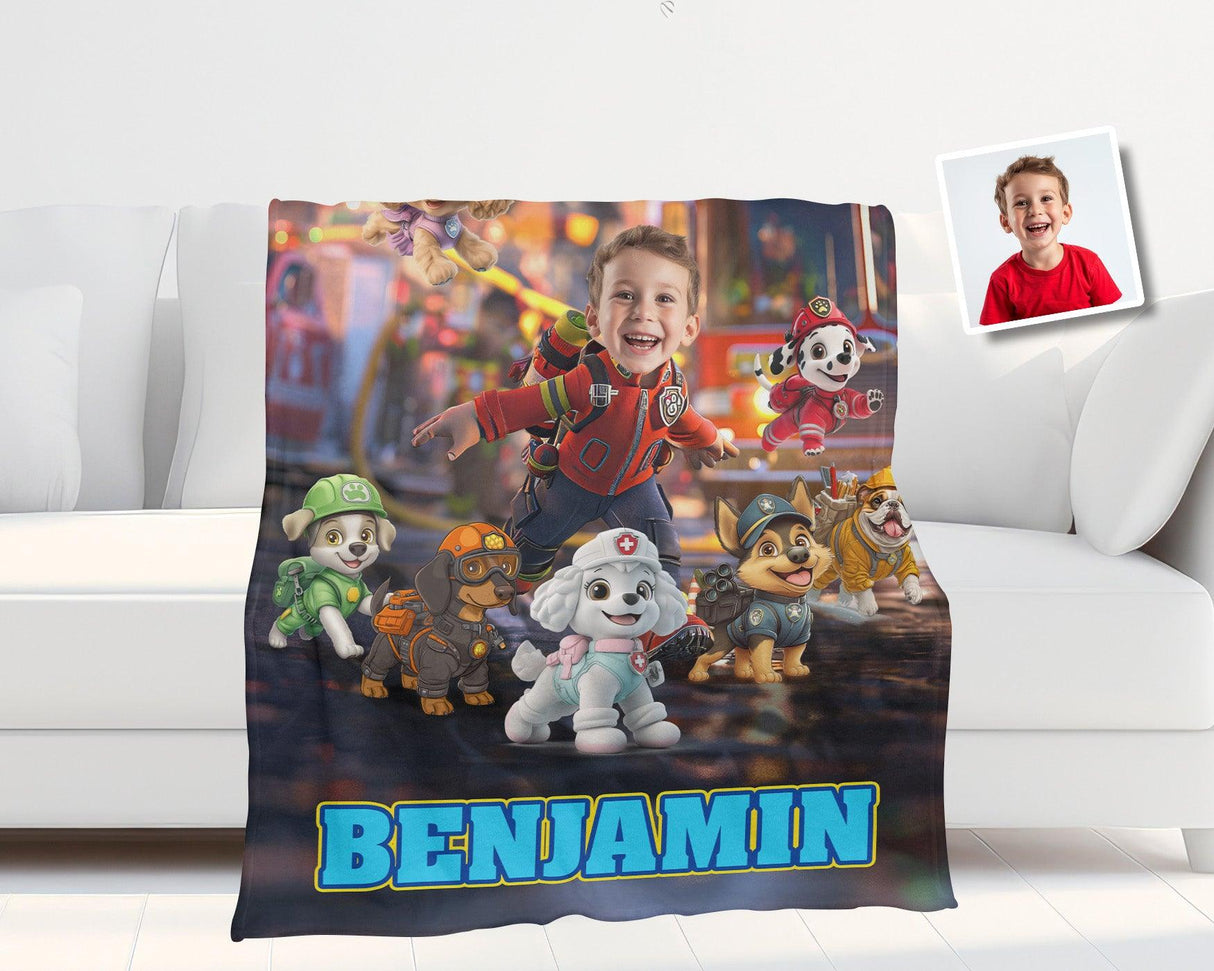 Personalized Face & Name Rescue Dogs Hero Squad Firefighter Boy Blanket