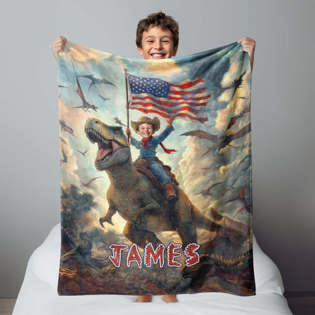 Personalized Face & Name Patriotic Boy Riding Dino With America Flag Blanket