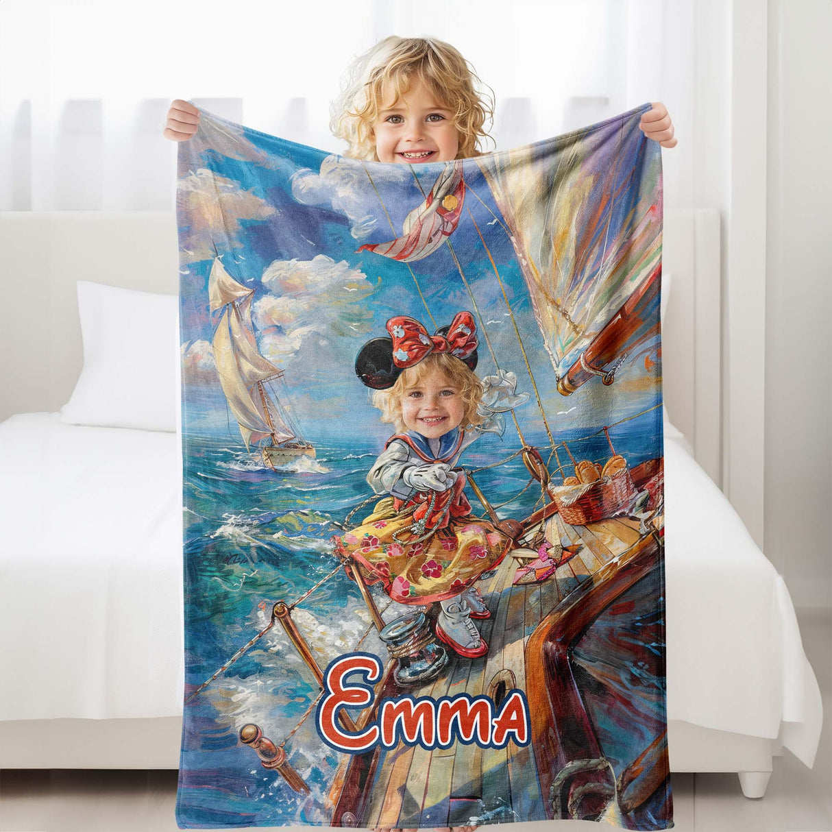 Personalized Face & Name Cartoon Mouse Sailing Day Blanket