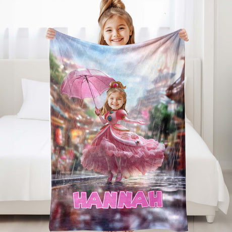 Personalized Face & Name Girl Little Peach Princess In Pink In Japan Blanket