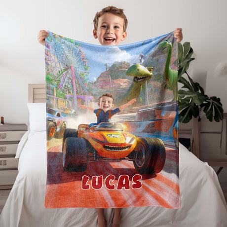 Personalized Face & Name Boy Riding Truck & Dino In Game Park Blanket