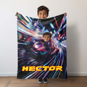 Personalized Face & Name Galaxy Road Super Turbo Lightning Cars Blanket