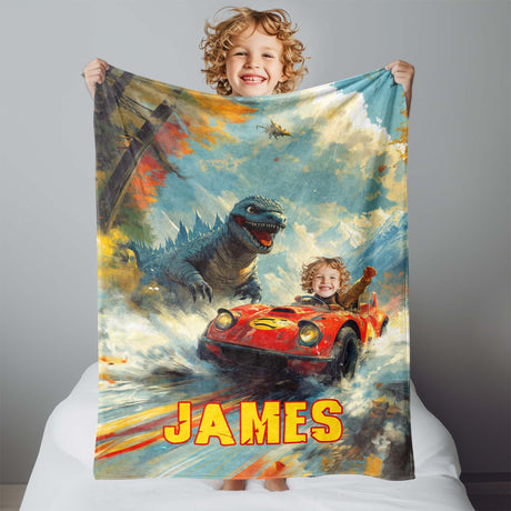 Personalized Face & Name Godzilla Super Turbo Lightning Bolt Racer Grand Prix Car Blanket