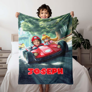 Personalized Face & Name Super Turbo Lightning Bolt Racer Grand Prix Kart Boy Blanket