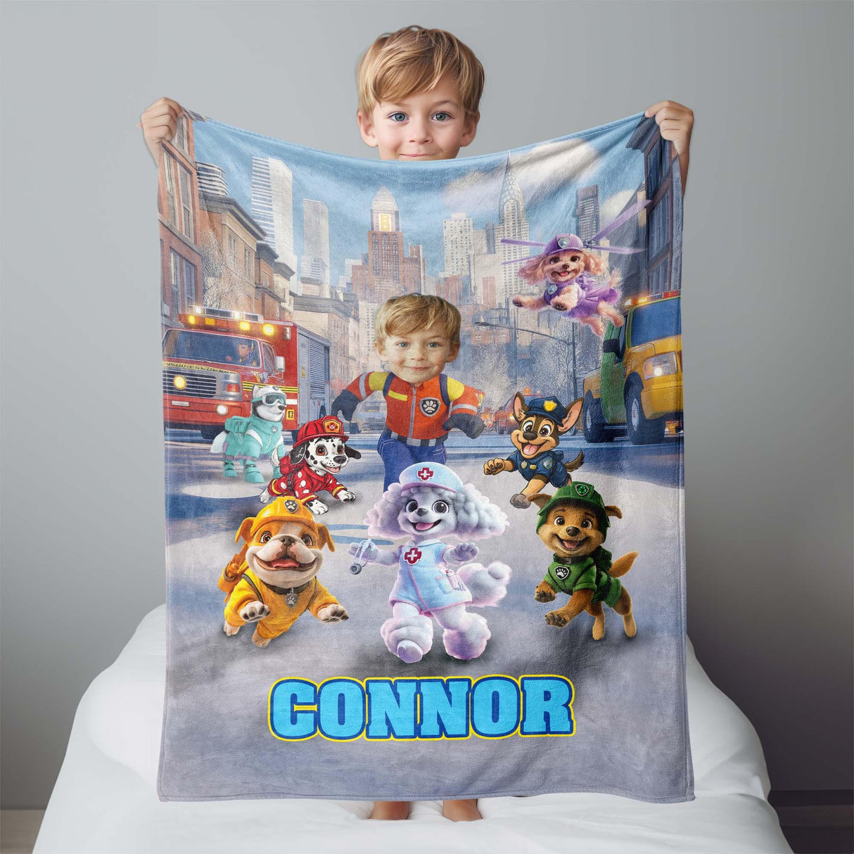 Personalized Face & Name Rescue Pet Patrol Boy Winter City Blanket Scene Blanket