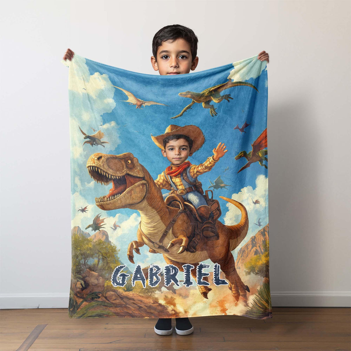 Personalized Face & Name Cowboy Woody Inspired Riding Dino in Jurassic Era Blanket