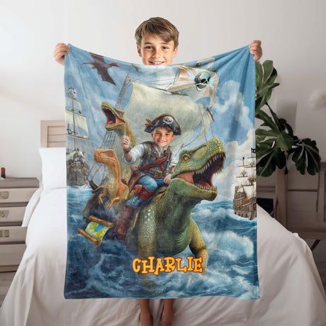 Personalized Face & Name Caribbean Pirate Boy & Dino: Ocean Adventure Explorer Blanket