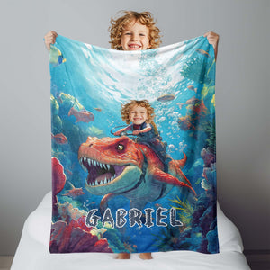 Personalized Face & Name Boy Riding Tylosaurus Dino Underwater Explorer Blanket