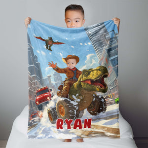 Personalized Face & Name Boy Riding Dino Truck In City Blanket