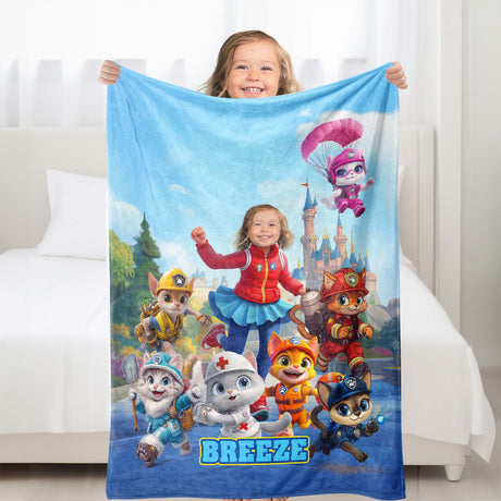 Personalized Face & Name Purr Patrol Kitty Cat Rescue Adventure Girl In Fairyland Park Blanket