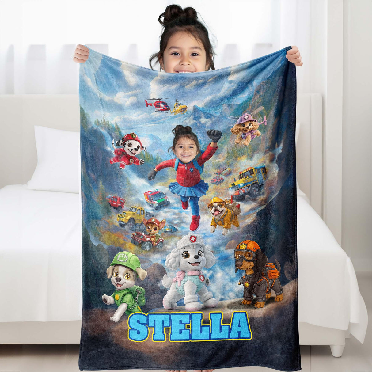 Personalized Face & Name Rescue Dogs Adventure Crew Girl Fall Winter Scene Blanket