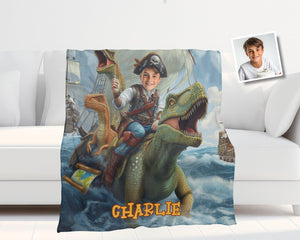 Personalized Face & Name Caribbean Pirate Boy & Dino: Ocean Adventure Explorer Blanket