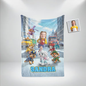 Personalized Face & Name Rescue Dogs Crew Girl Winter City Photo Blanket