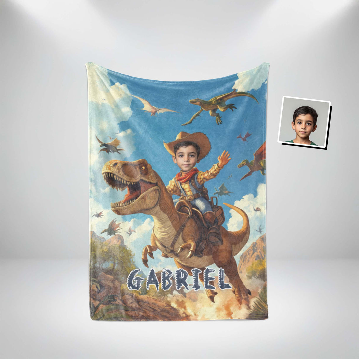 Personalized Face & Name Cowboy Woody Inspired Riding Dino in Jurassic Era Blanket