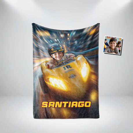 Personalized Face & Name Super Turbo Lightning Bolt Racer Grand Prix Yellow Car Blanket