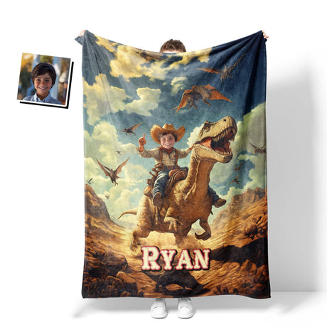 Personalized Face & Name Cowboy Riding Trex In Jurassic Era Boy Blanket