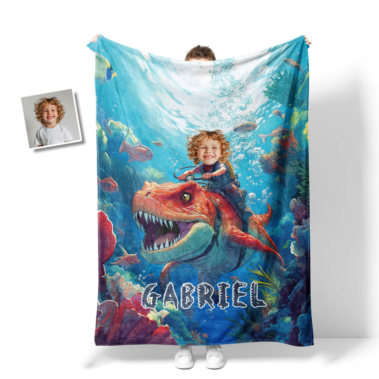 Personalized Face & Name Boy Riding Tylosaurus Dino Underwater Explorer Blanket