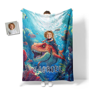 Personalized Face & Name Boy Riding Tylosaurus Dino Underwater Explorer Blanket