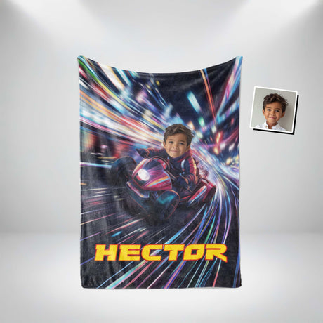 Personalized Face & Name Galaxy Road Super Turbo Lightning Cars Blanket