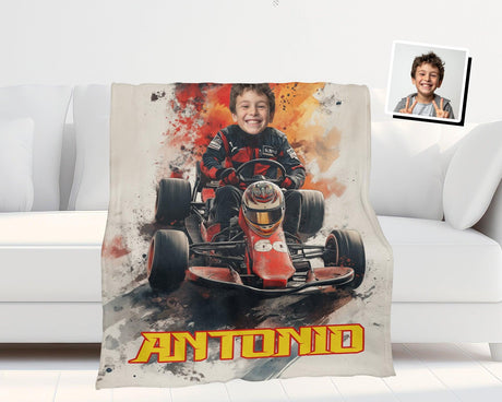 Personalized Face & Name Super Turbo Lightning Bolt Racer Grand Prix Cars Blanket