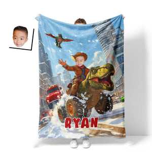 Personalized Face & Name Boy Riding Dino Truck In City Blanket