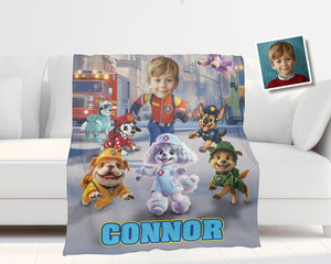 Personalized Face & Name Rescue Pet Patrol Boy Winter City Blanket Scene Blanket