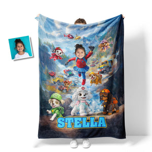 Personalized Face & Name Rescue Dogs Adventure Crew Girl Fall Winter Scene Blanket