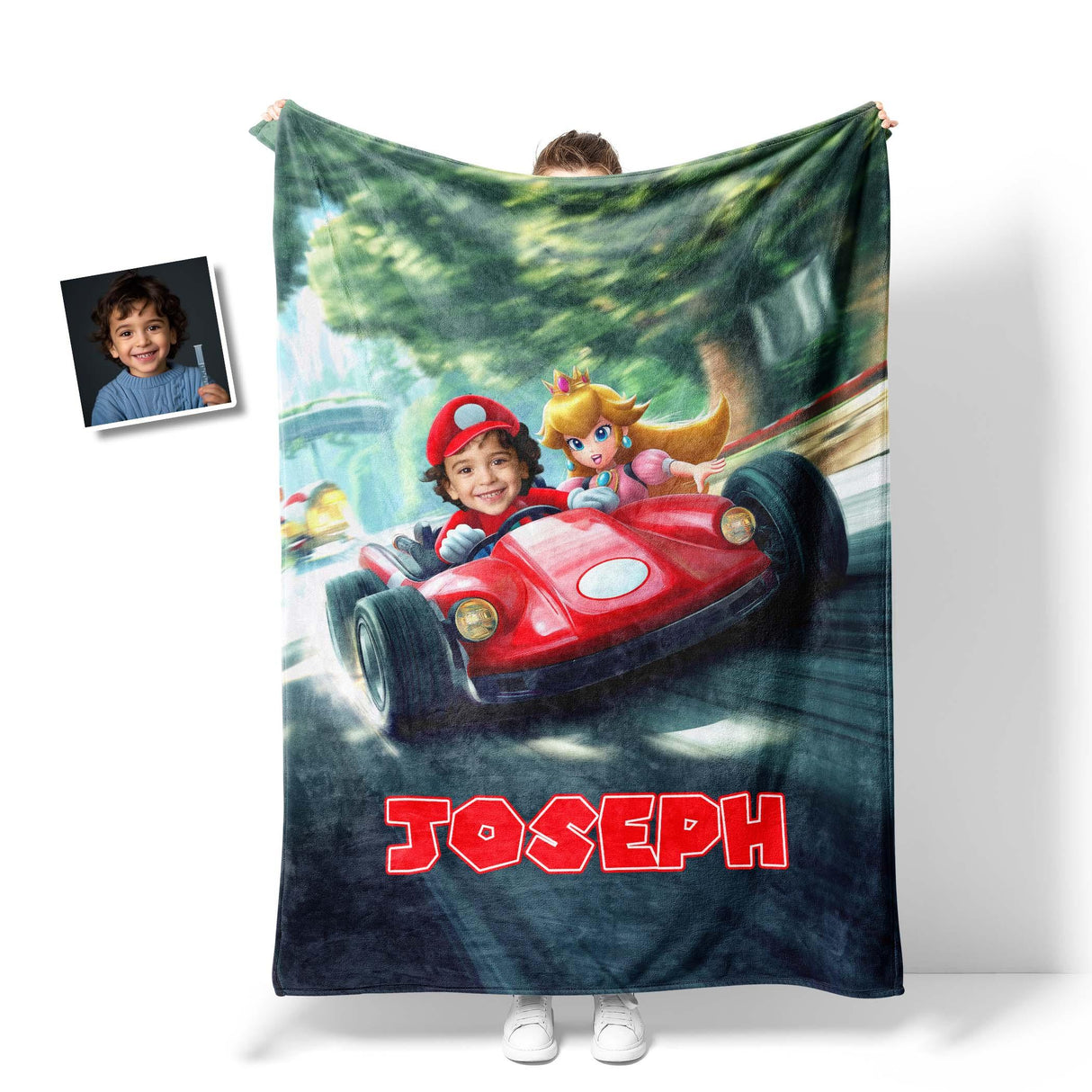 Personalized Face & Name Super Turbo Lightning Bolt Racer Grand Prix Kart Boy Blanket