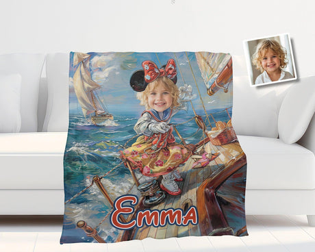 Personalized Face & Name Cartoon Mouse Sailing Day Blanket