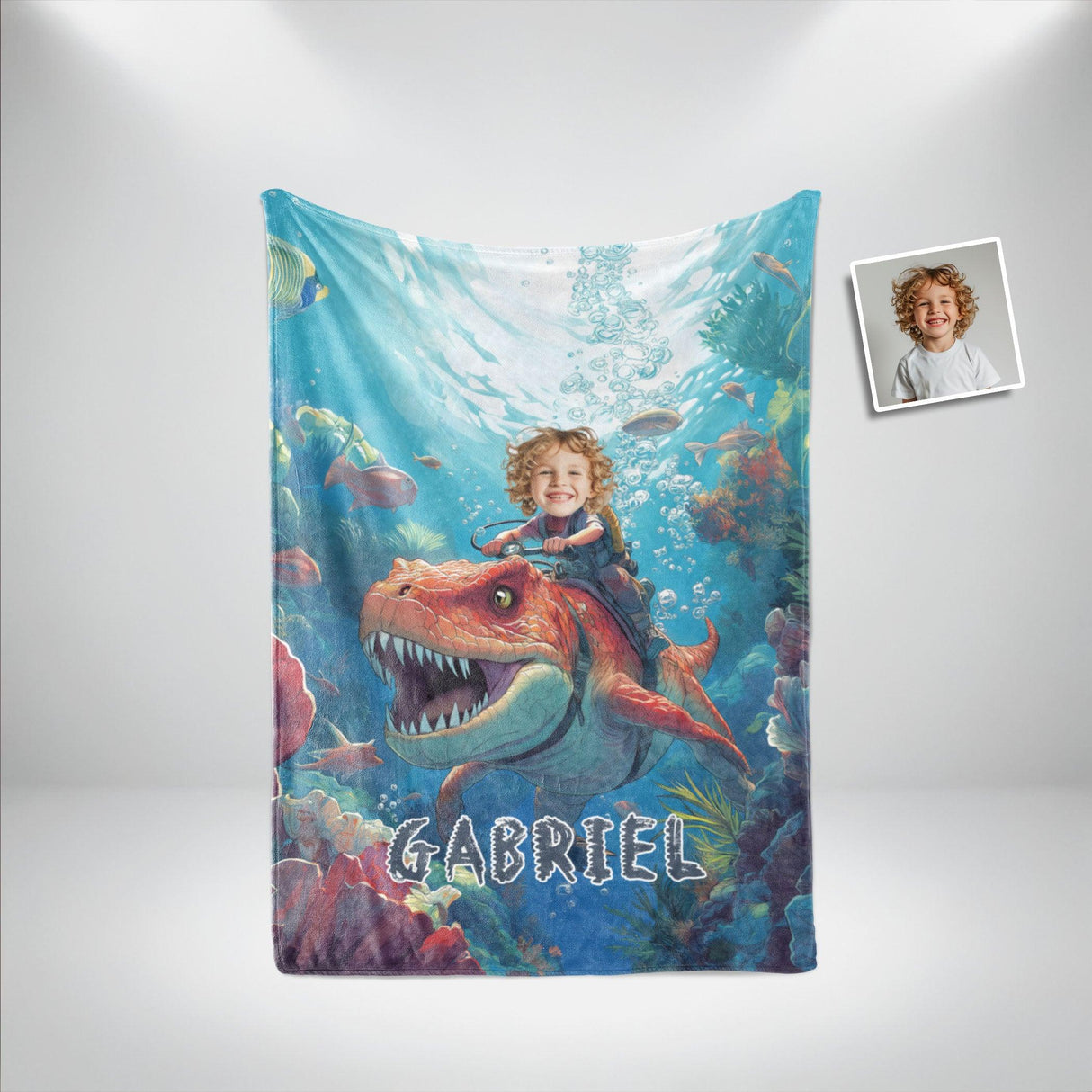 Personalized Face & Name Boy Riding Tylosaurus Dino Underwater Explorer Blanket