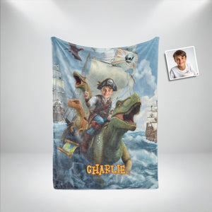 Personalized Face & Name Caribbean Pirate Boy & Dino: Ocean Adventure Explorer Blanket