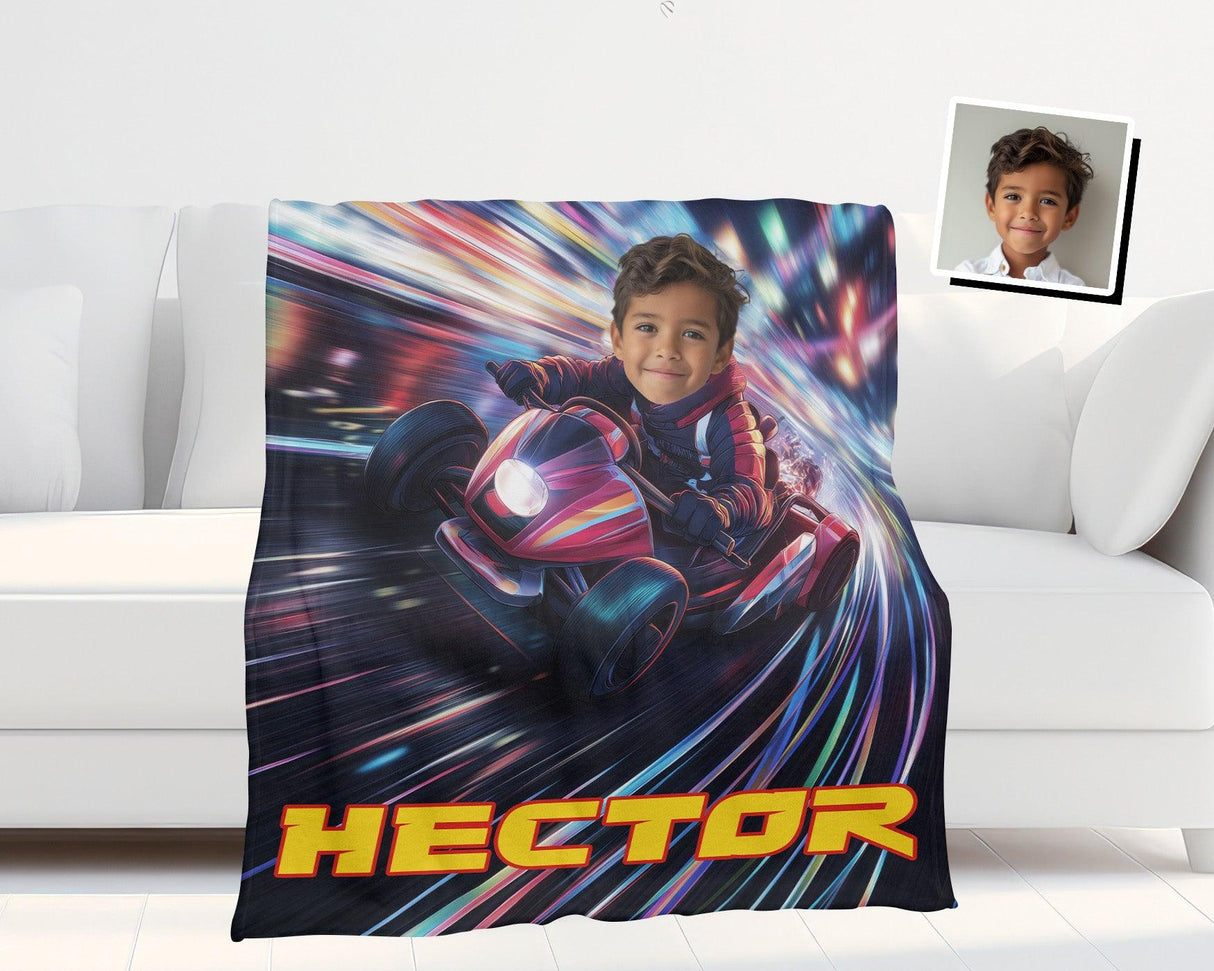 Personalized Face & Name Galaxy Road Super Turbo Lightning Cars Blanket