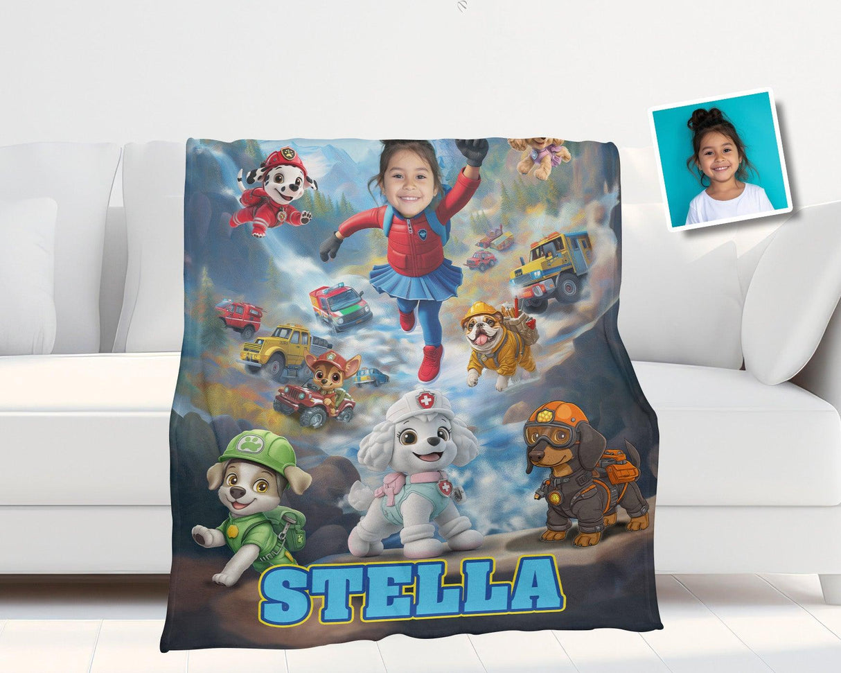 Personalized Face & Name Rescue Dogs Adventure Crew Girl Fall Winter Scene Blanket