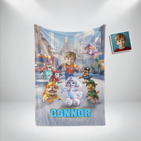 Personalized Face & Name Rescue Pet Patrol Boy Winter City Blanket Scene Blanket