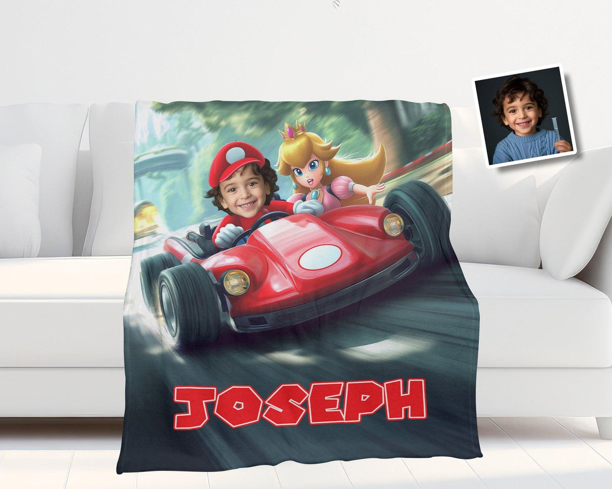 Personalized Face & Name Super Turbo Lightning Bolt Racer Grand Prix Kart Boy Blanket