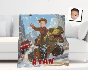 Personalized Face & Name Boy Riding Dino Truck In City Blanket