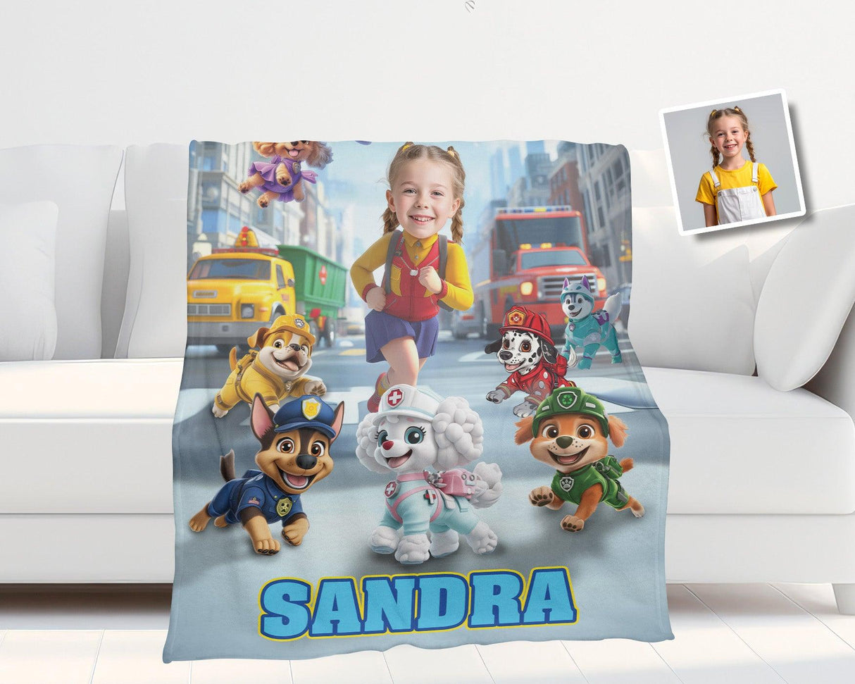 Personalized Face & Name Rescue Dogs Crew Girl Winter City Photo Blanket