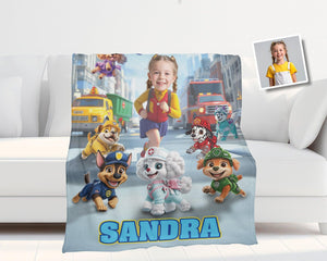 Personalized Face & Name Rescue Dogs Crew Girl Winter City Photo Blanket