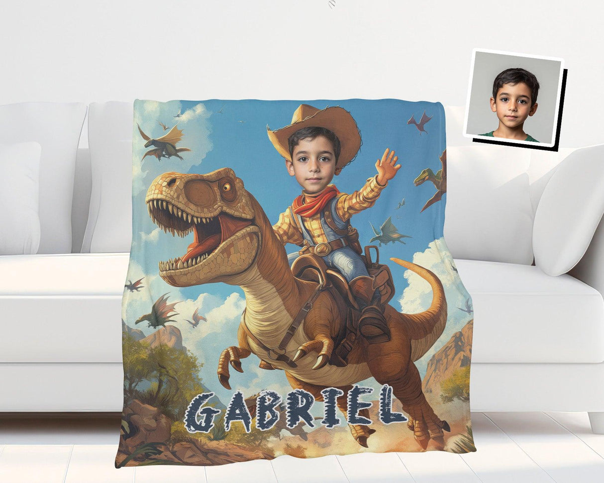 Personalized Face & Name Cowboy Woody Inspired Riding Dino in Jurassic Era Blanket