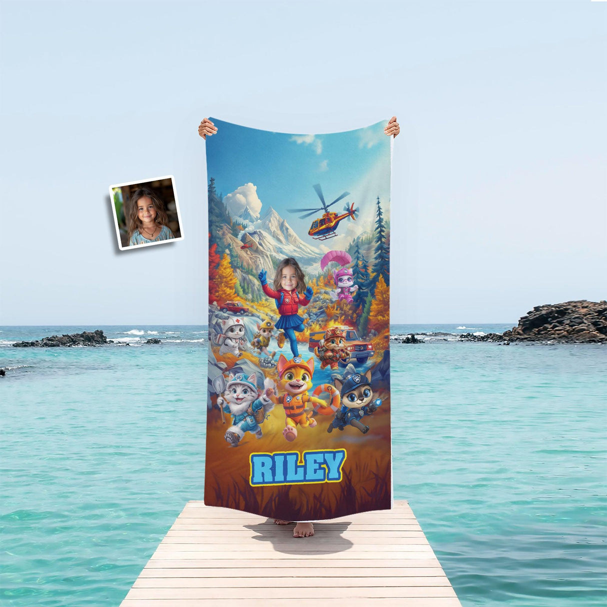 Personalized Face & Name Purr Patrol Kitty Cat Rescue Adventure Girl Beach Towel