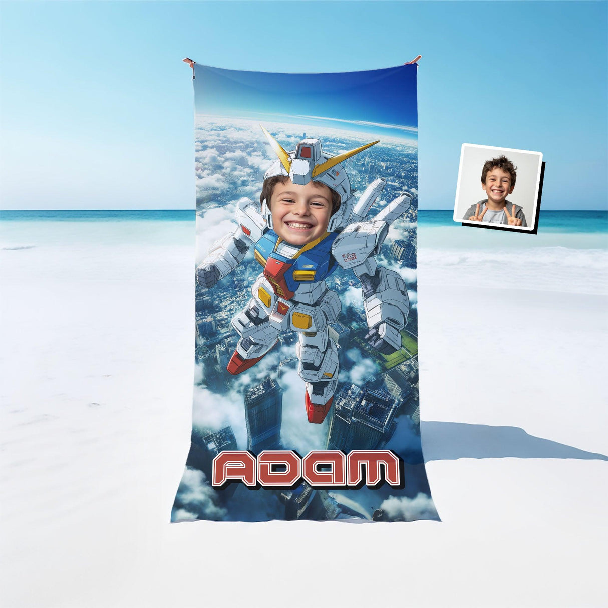 Personalized Face & Name Robot Boy Titan Frame Beach Towel