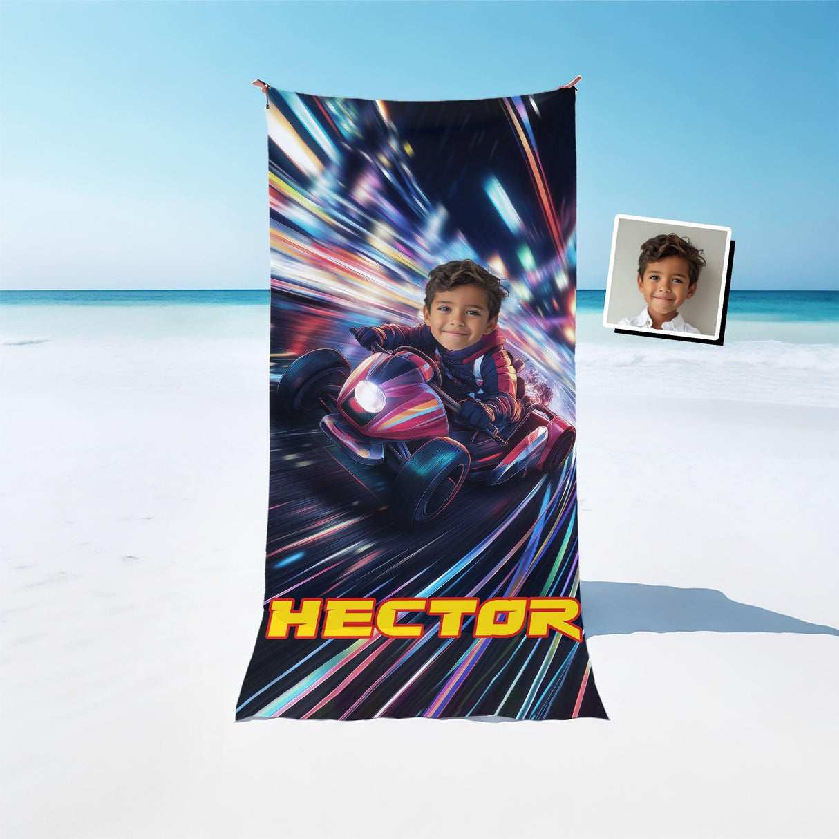 Personalized Face & Name Galaxy Road Super Turbo Lightning Cars Beach Towel