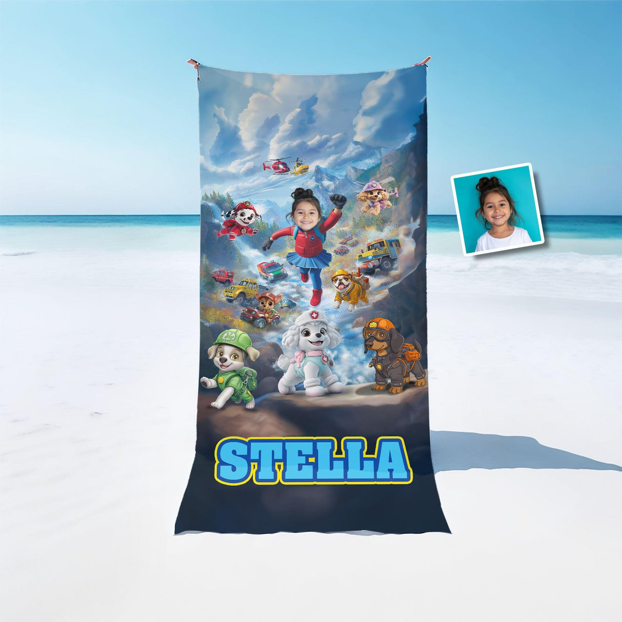 Personalized Face & Name Rescue Dogs Adventure Crew Girl Fall Winter Scene Beach Towel